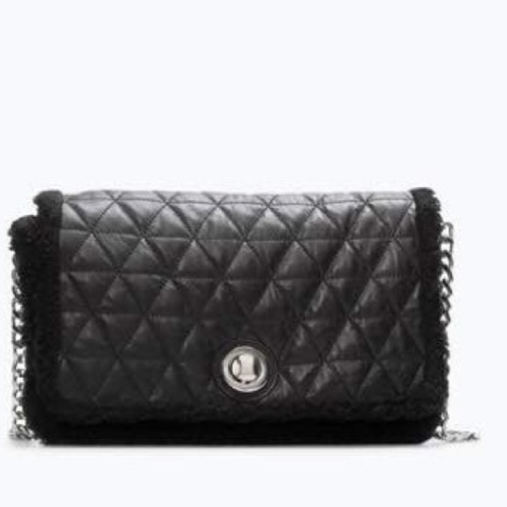 Zara Quilted Black Leather Messenger Bag with Chain strap